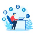 Online business work, computer internet, young guy working, freelance, remote concept, design, flat style vector Royalty Free Stock Photo