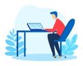 Online business work, computer internet, young guy working, freelance, remote concept, design, flat style vector Royalty Free Stock Photo