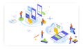 Online calculator, equation solver mobile apps, vector isometric illustration. Math solving camera, photo calculator.