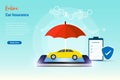 Online car insurance. Car on smart phone under protection from insurance policy, umbrealla and shield. Car accident, travel and