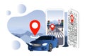 Online car sharing and booking service via smartphone app with location mark and pin. Royalty Free Stock Photo