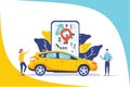 Online car sharing vector illustration concept, mobile city transportation with cartoon character and use smartphone