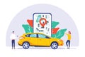 Online car sharing vector illustration concept, mobile city transportation with cartoon character and use smartphone