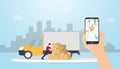 Online cargo delivery tracking system with truck and gps position locations with hand hold smartphone - vector