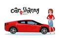 Online carsharing. Woman book car by app on mobile phone. Transportation service online. Lettering car sharing service. Happy