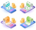 The online cash transaction with smartphone. Flat vector isometric illustration set