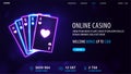 Online casino, banner with offer and pink and blue neon playing cards in dark empty scene