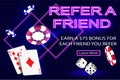 Online casino. Banner with refer a friend promotion, dice, cards and chips on a dark blue background. The concept of Royalty Free Stock Photo