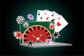 Online casino banner with roulette on laptop screen, dice, poker cards and chips. Vector gambling poster. Risky Royalty Free Stock Photo