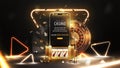 Online casino, banner with smartphone with gold neon triangle frame, slot machine, Roulette, chips and playing cards. Royalty Free Stock Photo