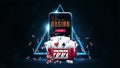 Online casino, banner with smartphone, red slot machine, poker chips, playing cards in dark scene with blue neon triangle border