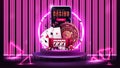 Online casino, banner with smartphone, slot machine, Roulette, chips and playing cards on purple podium with neon ring.