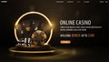 Online casino, black banner with welcome bonus, button, gold casino playing cards, dice and poker chips on gold podium. Royalty Free Stock Photo