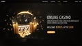 Online casino, black banner with welcome bonus, button, gold casino slot machine, dice, black playing cards and neon ring