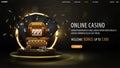 Online casino, black banner with welcome bonus, button, black playing cards, slot machine, dice and chips on podium. Royalty Free Stock Photo