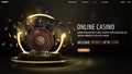 Online casino, black banner with welcome bonus, button, casino roulette wheel with black playing cards, dice and chips.