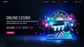 Online casino, black and blue banner with laptop, slot machine, neon playing cards, roulette, dice and poker chips. Royalty Free Stock Photo