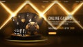 Online casino, black digital banner with gold casino playing cards, dice and poker chips on gold podium floating in the air. Royalty Free Stock Photo