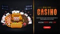 Online casino, black and gold horizontal banner with button, offer, slot machine, Casino Wheel Fortune, Roulette. Royalty Free Stock Photo