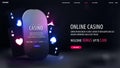 Online casino, black web banner with offer, smartphone and black neon playing cards
