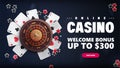 Online casino, blue banner with offer, Casino roulette, poker chips and playing cards