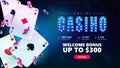 Online casino, blue banner for website with button, welcome bonus, casino playing cards and poker chips on blue background