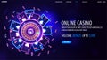 Online casino, blue dark banner with welcome bonus, button and pink shine neon Casino Roulette wheel with playing cards