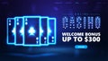 Online casino, blue invitation banner for website with welcome bonus, button and neon casino playing cards