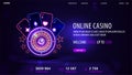 Online casino, blue invitation banner for website with welcome bonus, button and pink shine neon Casino Roulette wheel.