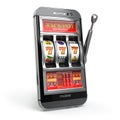 Online casino concept. Mobile phone and slot machine with jackpo