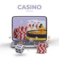 Online casino concept. Open laptop, stacks of chips, roulette, playing cards, dice Royalty Free Stock Photo