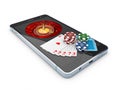 Online casino concept, playing cards, dice chips and smartphone 3d Illustration Royalty Free Stock Photo