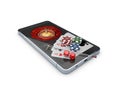 Online casino concept, playing cards, dice chips and smartphone 3d Illustration Royalty Free Stock Photo