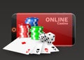 Online casino concept, playing cards, dice chips and smartphone with copyspace. Banner template layout mockup for online casinos Royalty Free Stock Photo