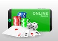 Online casino concept, playing cards, dice chips and smartphone with copyspace. Banner template layout mockup for online casinos Royalty Free Stock Photo