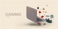 Online casino concept. Unlabeled laptop, gaming symbols and elements