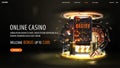 Online casino, dark web banner with offer, smartphone, black neon slot machine, black playing cards, dice and poker chips. Royalty Free Stock Photo