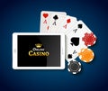 Online casino design poster banner. Tablet with poker chips and cards on table. Casino gambling background, poker mobile app Royalty Free Stock Photo