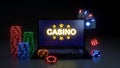 Online Casino Gambling Concept With Glowing Neon Lights, Poker Cards and Poker Chips Isolated On The Black Background - 3D Illustr