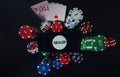 Online casino gambling concept. Smartphone blank screen on chips stack, royal flush poker cards combination and red dices and Royalty Free Stock Photo