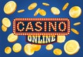 Online casino gambling poster design. Money coins winner success concept. Slot machine game prize
