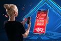 Online casino and gaming, gambling on device concept. Back view of blonde european woman and smartphone with creative slot machine