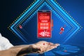 Online casino and gaming, gambling on device concept. Close up of male hands holding smartphone with creative slot machine and Royalty Free Stock Photo