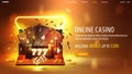 Online casino, gold web banner with laptop, neon slot machine, black playing cards, dice and poker chips. Royalty Free Stock Photo