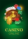 Online casino on a green background. Dice gold coins cards roulette and chips. Vector illustration of a vertical format