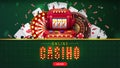 Online casino, green banner with button, slot machine, Casino Wheel Fortune, Roulette, falling poker chips and playing cards