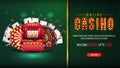 Online casino, green horizontal banner with button, offer, slot machine, Casino Wheel Fortune, Roulette, falling poker chips. Royalty Free Stock Photo