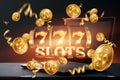 Online casino, laptop with slot machine with jackpot and gold coins. Online Slots, Lucky Seven 777, Dark Gold Style. Luck concept Royalty Free Stock Photo