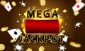 Online casino. mega jackpot frame, slot machine, casino chips flying realistic tokens for gambling Royalty Free Stock Photo