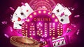 Online casino, pink poster with casino elements. Retro signboard, slot machine, Casino Roulette, poker chips and playing cards Royalty Free Stock Photo